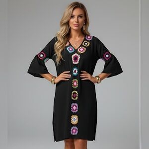 V-Neck Floral Crochet Bathing Suit Cover Up Black